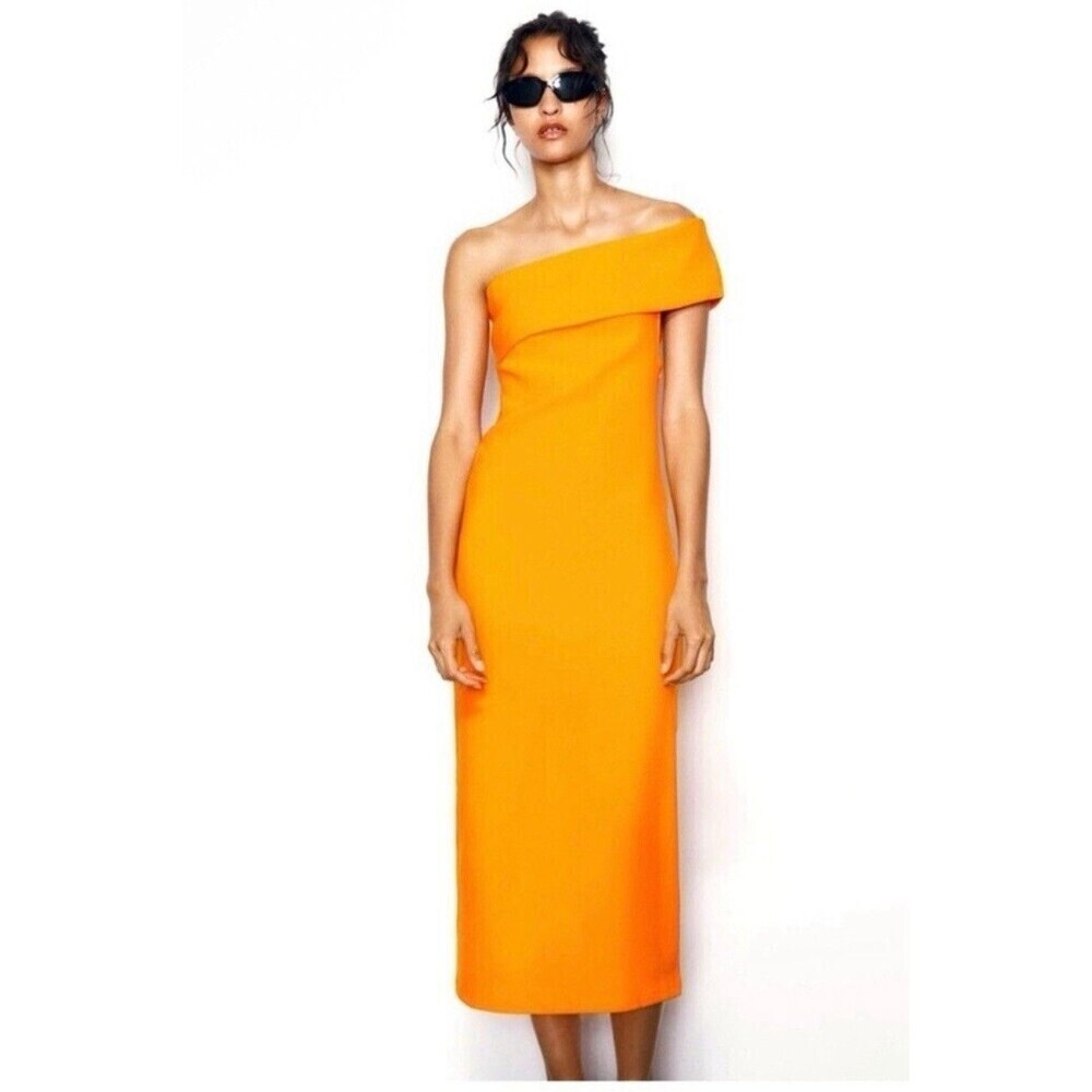 ZARA WOMAN OFF-SHOULDER STRAPLESS BANDEAU MIDI DRESS  orange SIZE M